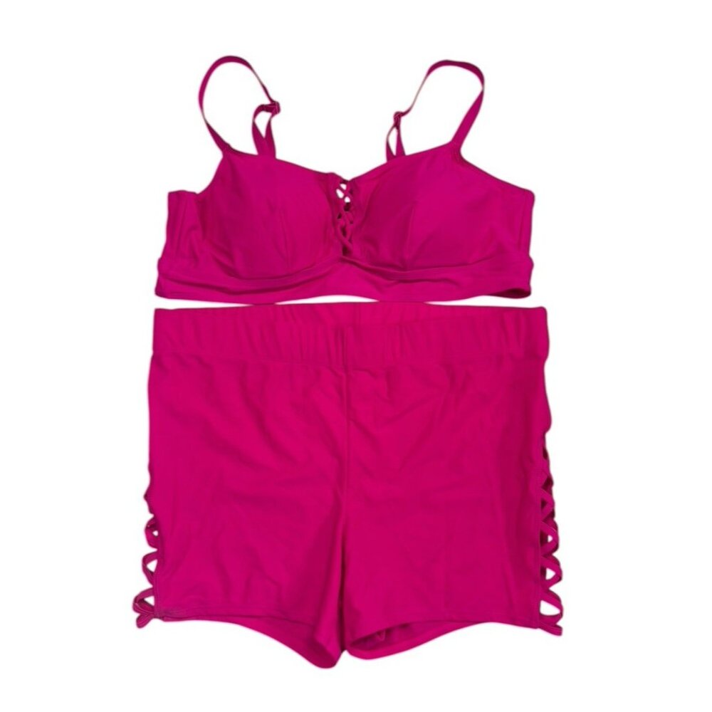 *Torrid 2 Pc Swimsuit Womens Plus 3 Hot Pink Bralette Brief Lace Up Beach Bikini - Picture 4 of 9